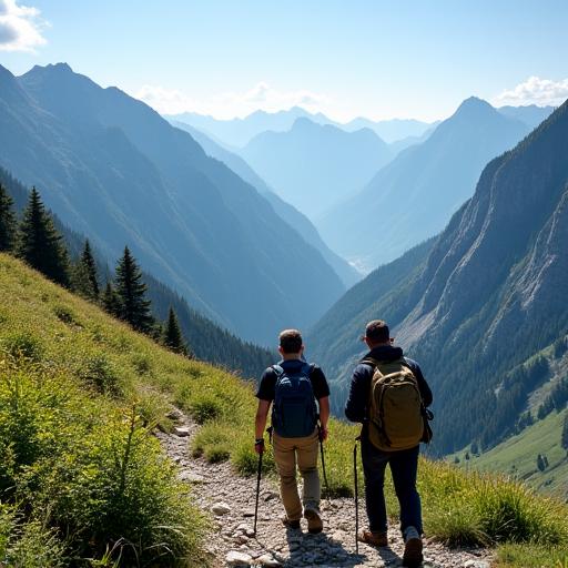 Zwei Wanderer auf einem Bergpfad in den österreichischen Alpen mit Blick auf ein Tal.