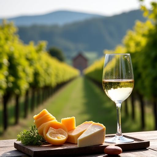 Ein Glas Weißwein und eine Käseplatte in einem Weinberg in der Wachau.