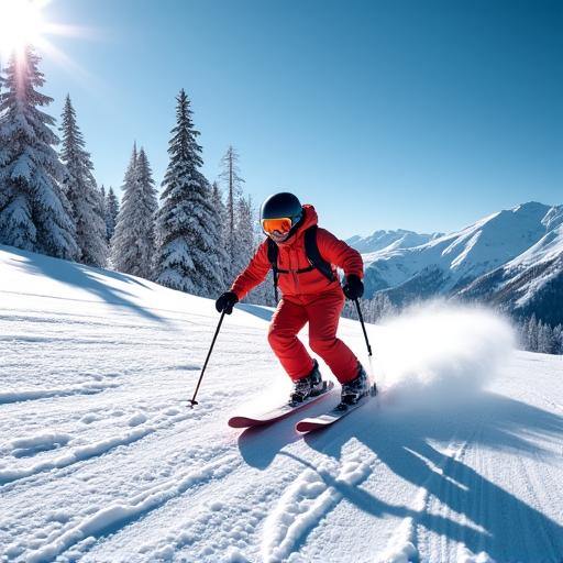 Ein Skifahrer fährt eine präparierte Piste in einem österreichischen Skigebiet hinunter.